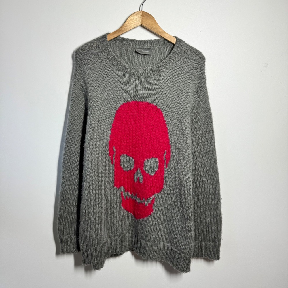 Wooden Ships Pink Skull Mohair Wool Blend Knit Sweater Grey M/L Novelty Cozy